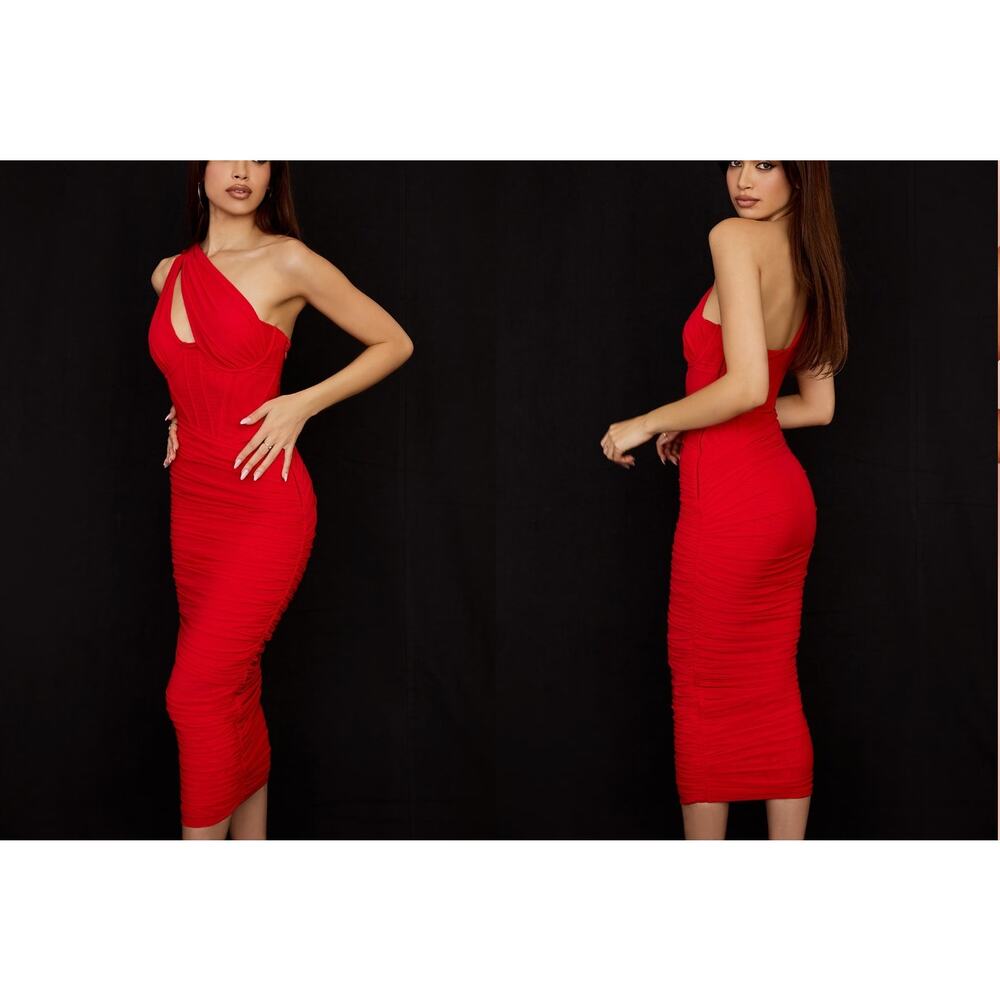 House of CB Valentina Scarlet Asymmetric Cutout Midi Dress Size XS - Picture 9 of 9